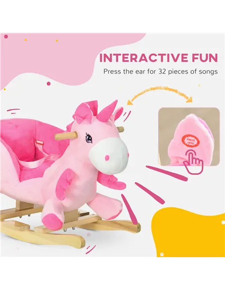 HOMCOM Kids Rocking Horse Ride on Unicorn with Songs, Wooden Base, Seatbelt, for Ages 18-36 Months, Pink