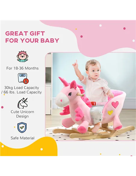 HOMCOM Kids Rocking Horse Ride on Unicorn with Songs, Wooden Base, Seatbelt, for Ages 18-36 Months, Pink