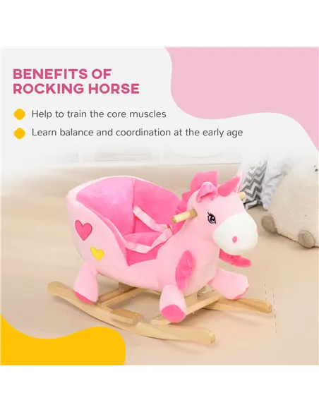 HOMCOM Kids Rocking Horse Ride on Unicorn with Songs, Wooden Base, Seatbelt, for Ages 18-36 Months, Pink