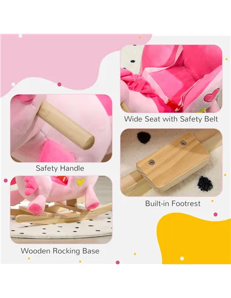 HOMCOM Kids Rocking Horse Ride on Unicorn with Songs, Wooden Base, Seatbelt, for Ages 18-36 Months, Pink
