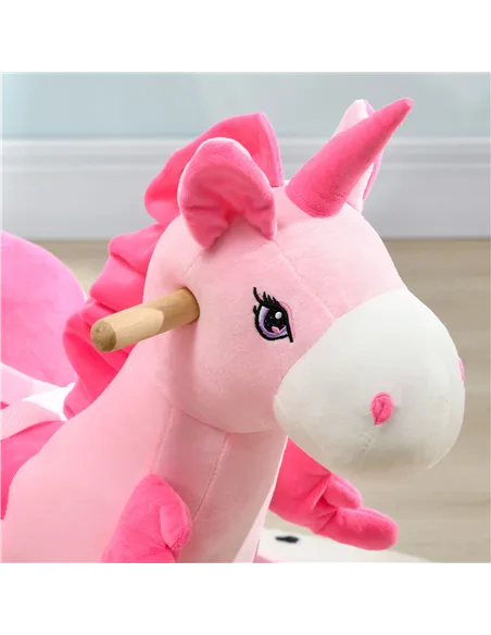 HOMCOM Kids Rocking Horse Ride on Unicorn with Songs, Wooden Base, Seatbelt, for Ages 18-36 Months, Pink