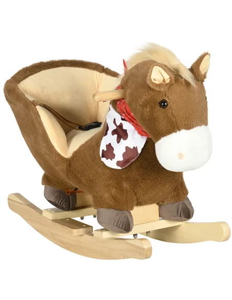 HOMCOM Kids Rocking Horse, with Safety Harness, Sounds, Foot Pedals - Brown
