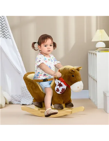 HOMCOM Kids Rocking Horse, with Safety Harness, Sounds, Foot Pedals - Brown