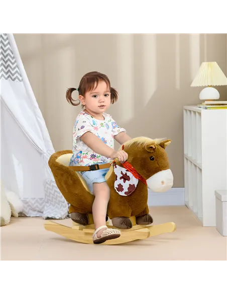 HOMCOM Kids Rocking Horse, with Safety Harness, Sounds, Foot Pedals - Brown