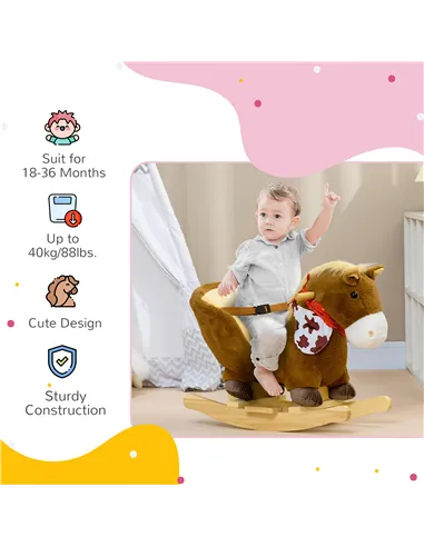 HOMCOM Kids Rocking Horse, with Safety Harness, Sounds, Foot Pedals - Brown