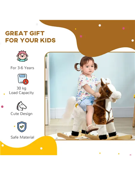 HOMCOM Rocking Horse, Ride-On Horse, with Music, Sounds, Saddle, for Ages 3-6 Years - Brown
