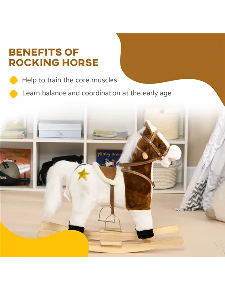 HOMCOM Rocking Horse, Ride-On Horse, with Music, Sounds, Saddle, for Ages 3-6 Years - Brown