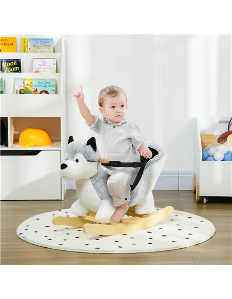 HOMCOM Baby Rocking Horse, Husky-Designed Plush Rocking Animal, with Sounds, Seatbelt, for Ages 18-36 Months - Grey