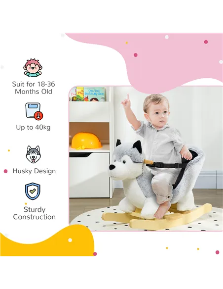 HOMCOM Baby Rocking Horse, Husky-Designed Plush Rocking Animal, with Sounds, Seatbelt, for Ages 18-36 Months - Grey