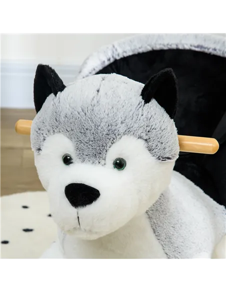 HOMCOM Baby Rocking Horse, Husky-Designed Plush Rocking Animal, with Sounds, Seatbelt, for Ages 18-36 Months - Grey