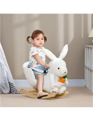 HOMCOM Kids Rabbit-Shaped Rocking Horse, with Safety Belt, Realistic Sounds, for Ages 18-36 Months - White
