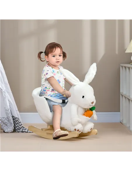 HOMCOM Kids Rabbit-Shaped Rocking Horse, with Safety Belt, Realistic Sounds, for Ages 18-36 Months - White
