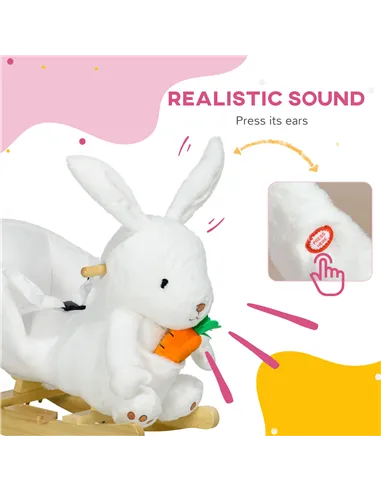 HOMCOM Kids Rabbit-Shaped Rocking Horse, with Safety Belt, Realistic Sounds, for Ages 18-36 Months - White