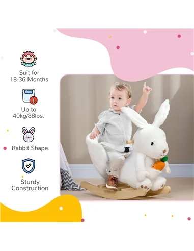 HOMCOM Kids Rabbit-Shaped Rocking Horse, with Safety Belt, Realistic Sounds, for Ages 18-36 Months - White