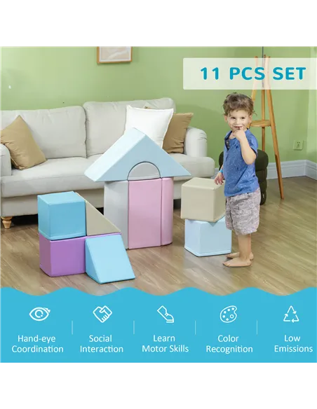 HOMCOM 11-Piece Kids Soft Play Set, Foam Block, Toys for Climbing, Crawling, Blue