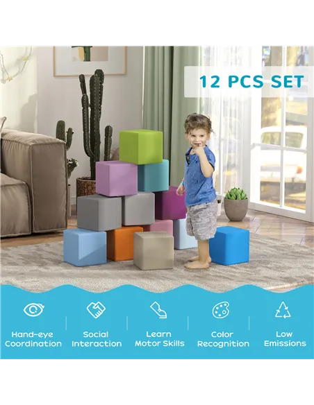 HOMCOM 12 PCs Soft Play Blocks, Soft Foam Toy, Building and Stacking Blocks for Kids, Blue