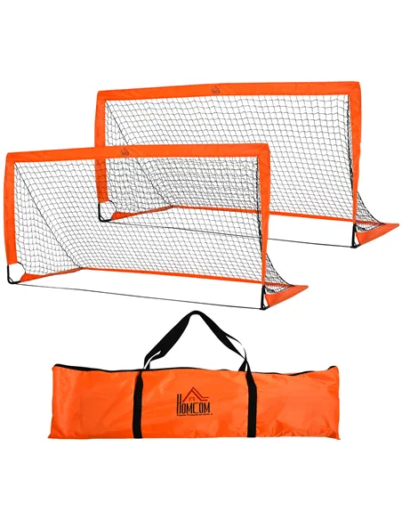 HOMCOM Set of 2 Football Goal Net 6 x 3 ft Foldable Outdoor Sport Training Teens Adults Football with Carrying Bag Orange