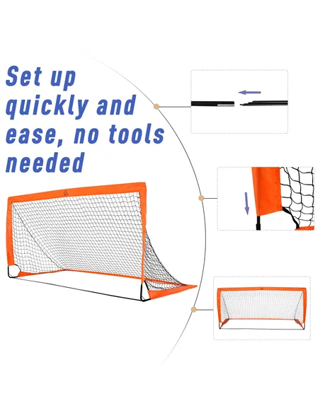 HOMCOM Set of 2 Football Goal Net 6 x 3 ft Foldable Outdoor Sport Training Teens Adults Football with Carrying Bag Orange