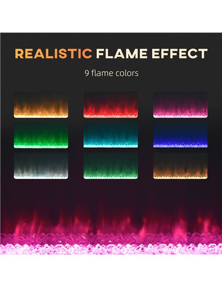 HOMCOM 102cm Electric Fireplace, 2000W Recessed and Wall Mounted Electric Fire with Remote Control, 9 Flame Colour and Crystal, 