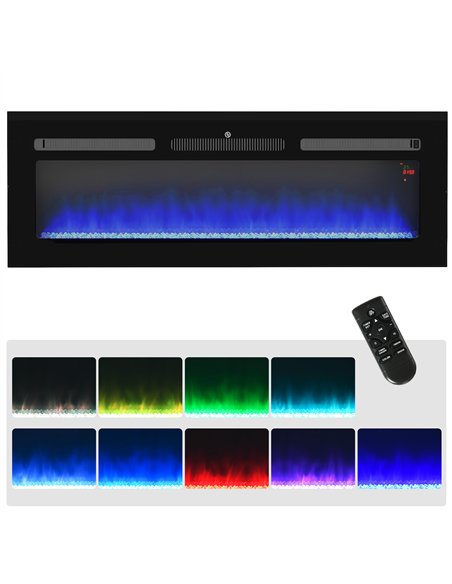 HOMCOM 127cm Electric Fireplace, 2000W Recessed and Wall Mounted Electric Fire with Remote Control, 9 Flame Colour and Crystal, 