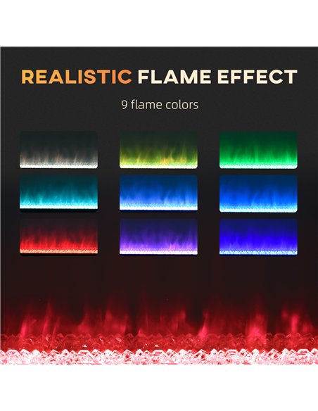 HOMCOM 127cm Electric Fireplace, 2000W Recessed and Wall Mounted Electric Fire with Remote Control, 9 Flame Colour and Crystal, 