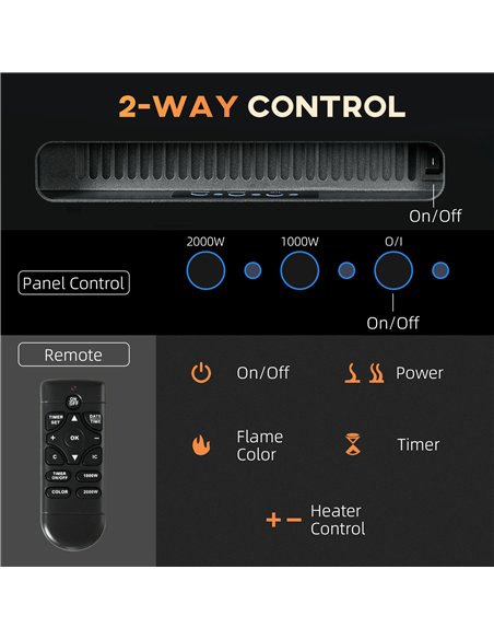 HOMCOM 127cm Electric Fireplace, 2000W Recessed and Wall Mounted Electric Fire with Remote Control, 9 Flame Colour and Crystal, 