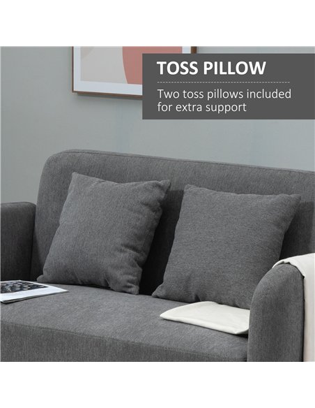 HOMCOM 2 Seater Sofa, Modern Fabric Loveseat Sofa, Small Couch with 2 Pillows, Armrest and Wood Legs for Living Room, Bedroom, H