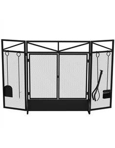 HOMCOM 3 Panel Folding Fire Guard Screen with Fireplace Tool Sets and Front Doors, Freestanding Fire Screen Spark Guard with Fee