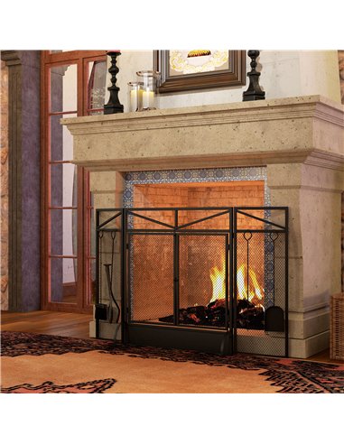 HOMCOM 3 Panel Folding Fire Guard Screen with Fireplace Tool Sets and Front Doors, Freestanding Fire Screen Spark Guard with Fee