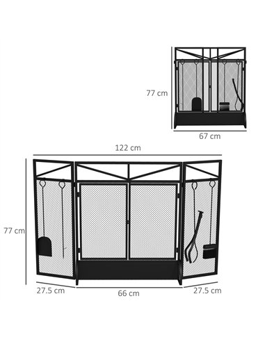 HOMCOM 3 Panel Folding Fire Guard Screen with Fireplace Tool Sets and Front Doors, Freestanding Fire Screen Spark Guard with Fee