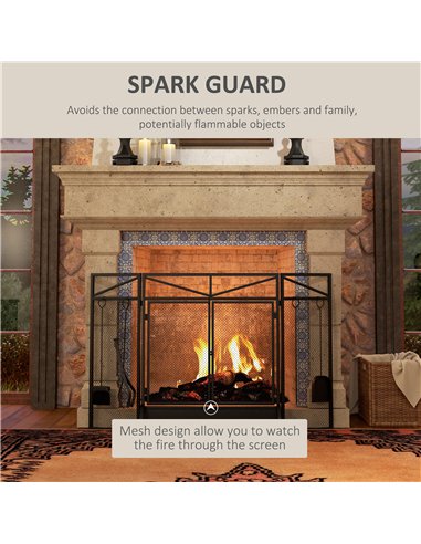 HOMCOM 3 Panel Folding Fire Guard Screen with Fireplace Tool Sets and Front Doors, Freestanding Fire Screen Spark Guard with Fee