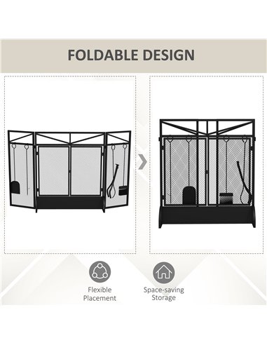 HOMCOM 3 Panel Folding Fire Guard Screen with Fireplace Tool Sets and Front Doors, Freestanding Fire Screen Spark Guard with Fee