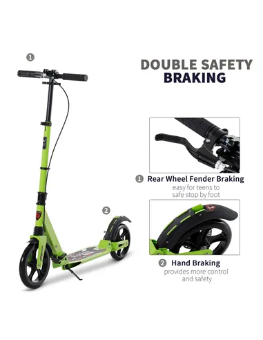 HOMCOM Kick Scooter, Folding 2 Wheel Scooter for 14+ Teens Adults, with Dual Brake System, Dual Suspension, 230mm Big Wheels, 3 