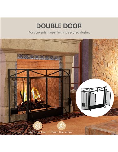 HOMCOM 3 Panel Folding Fire Guard Screen with Fireplace Tool Sets and Front Doors, Freestanding Fire Screen Spark Guard with Fee
