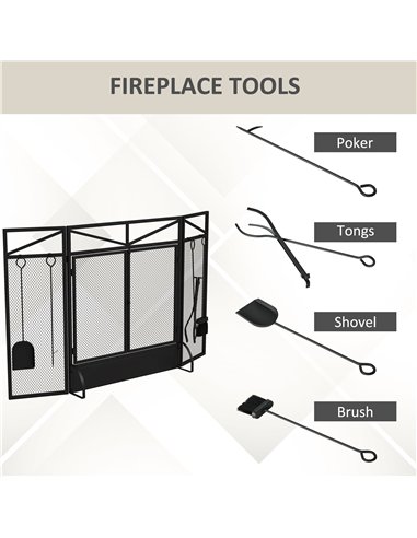 HOMCOM 3 Panel Folding Fire Guard Screen with Fireplace Tool Sets and Front Doors, Freestanding Fire Screen Spark Guard with Fee