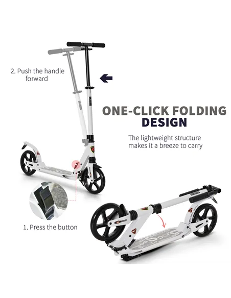 HOMCOM Folding Kick Scooter, Adjustable Ride On Scooter with 200mm Big Wheels and Double Shock Absorption, Urban Scooter for 14+