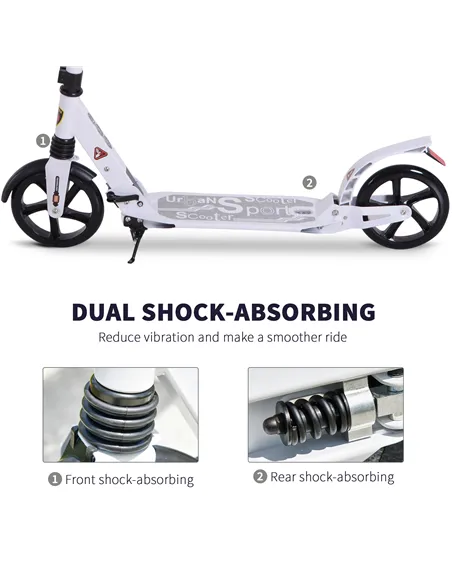 HOMCOM Folding Kick Scooter, Adjustable Ride On Scooter with 200mm Big Wheels and Double Shock Absorption, Urban Scooter for 14+