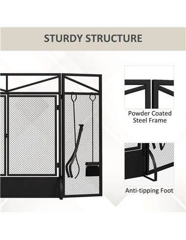 HOMCOM 3 Panel Folding Fire Guard Screen with Fireplace Tool Sets and Front Doors, Freestanding Fire Screen Spark Guard with Fee