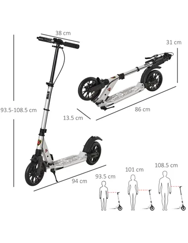 HOMCOM Teen/Adults Aluminium Folding Kick Scooter w/ Shock Mitigation System Silver