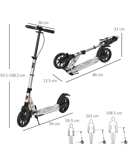 HOMCOM Teen/Adults Aluminium Folding Kick Scooter w/ Shock Mitigation System Silver