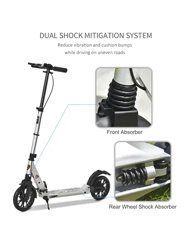 HOMCOM Teen/Adults Aluminium Folding Kick Scooter w/ Shock Mitigation System Silver
