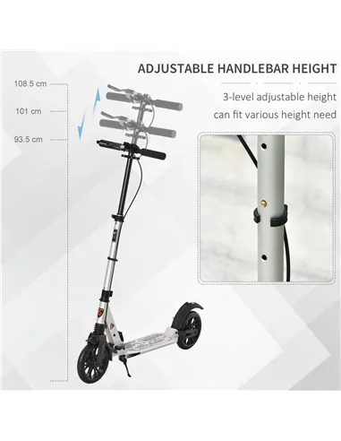 HOMCOM Teen/Adults Aluminium Folding Kick Scooter w/ Shock Mitigation System Silver