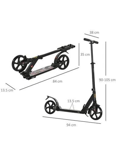 HOMCOM Folding Kick Scooter, Adjustable Ride On Scooter with 200mm Big Wheels and Double Shock Absorption, Urban Scooter for 14+