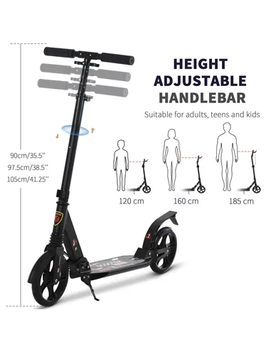 HOMCOM Folding Kick Scooter, Adjustable Ride On Scooter with 200mm Big Wheels and Double Shock Absorption, Urban Scooter for 14+