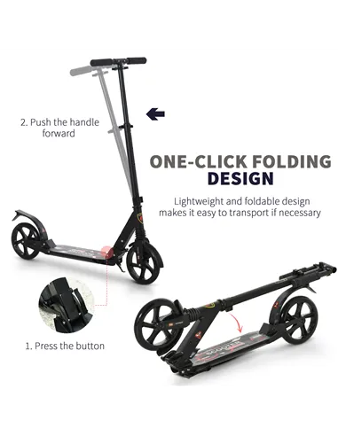 HOMCOM Folding Kick Scooter, Adjustable Ride On Scooter with 200mm Big Wheels and Double Shock Absorption, Urban Scooter for 14+