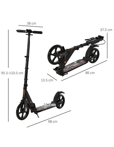 HOMCOM Kick Scooter, Folding 2 Wheel Scooter for 14+ Teens Adults, with Dual Brake System, Dual Suspension, 230mm Big Wheels, 3 