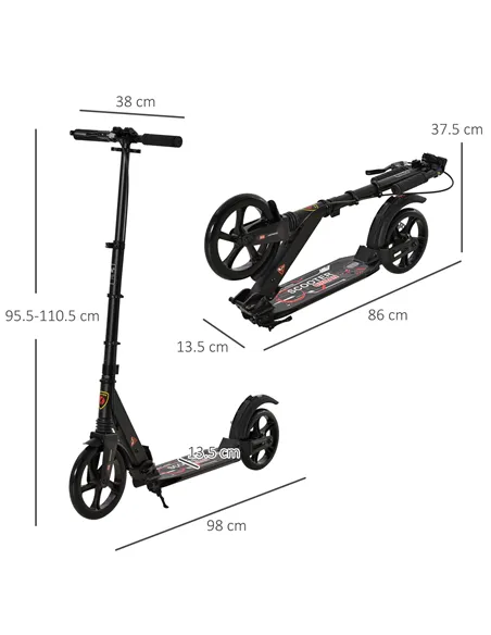 HOMCOM Kick Scooter, Folding 2 Wheel Scooter for 14+ Teens Adults, with Dual Brake System, Dual Suspension, 230mm Big Wheels, 3 