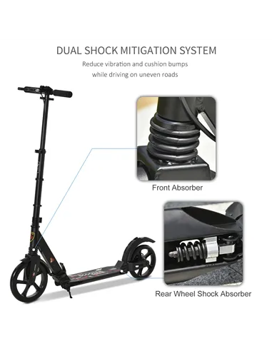 HOMCOM Kick Scooter, Folding 2 Wheel Scooter for 14+ Teens Adults, with Dual Brake System, Dual Suspension, 230mm Big Wheels, 3 