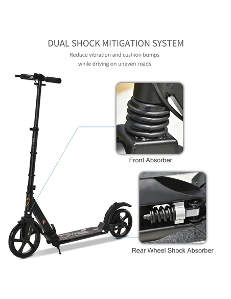 HOMCOM Kick Scooter, Folding 2 Wheel Scooter for 14+ Teens Adults, with Dual Brake System, Dual Suspension, 230mm Big Wheels, 3 