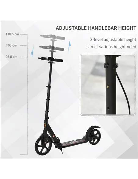 HOMCOM Kick Scooter, Folding 2 Wheel Scooter for 14+ Teens Adults, with Dual Brake System, Dual Suspension, 230mm Big Wheels, 3 